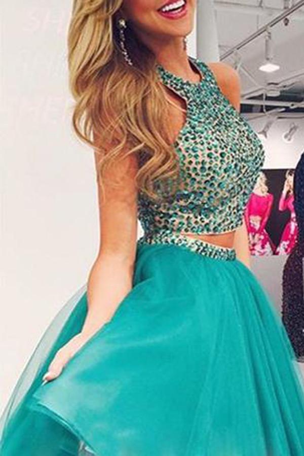 Green Two Piece Beaded Chiffon Halter Homecoming Dresses Party Dress