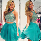 Green Two Piece Beaded Chiffon Halter Homecoming Dresses Party Dress
