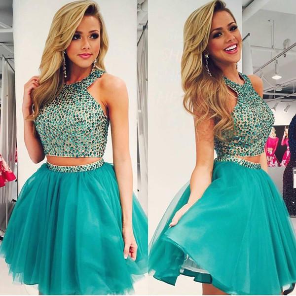 Green Two Piece Beaded Chiffon Halter Homecoming Dresses Party Dress
