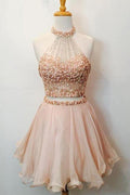 Hot Pink Two Piece Halter Beaded Scoop Neck Keyhole Back Homecoming Dresses
