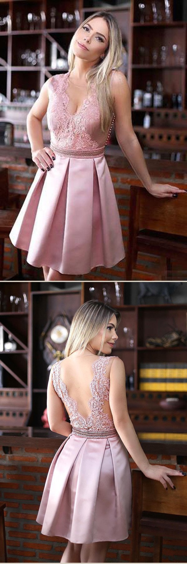 Charmantes rosa kurzes Ballkleid mit V-Ausschnitt, Homecoming-Kleid mit Applikationen 