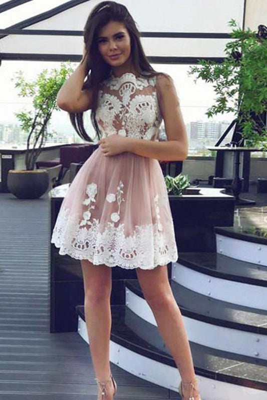 Cute Tulle Lace Up Sleeveless Homecoming Dresses with Appliques