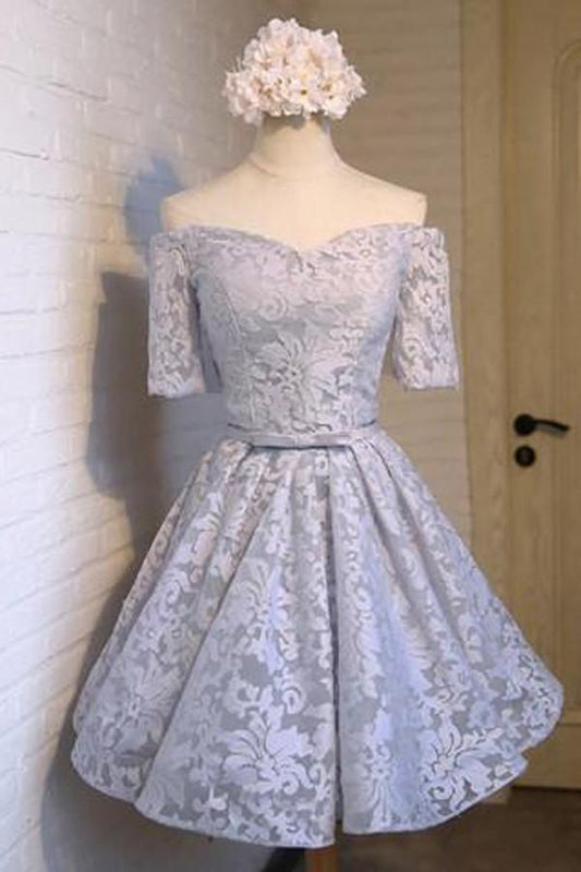 Graues, schulterfreies, halbärmeliges Homecoming-Kleid mit Schnürung und Applikationen