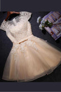 Sheer Capped Sleeve Short Prom Dress, Lace Up Appliques Homecoming Dress