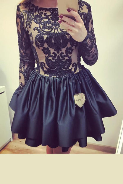 Schwarzes Langarm-Ballkleid mit V-Ausschnitt und Applikationen auf der Rückseite, kurzes Ballkleid 
