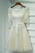 Ivory Half Sleeve Off Shoulder Lace Up Appliques Short Homecoming Dresses
