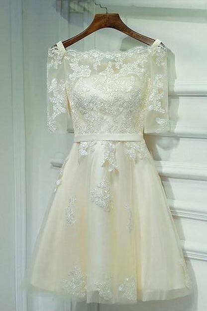 Ivory Half Sleeve Off Shoulder Lace Up Appliques Short Homecoming Dresses
