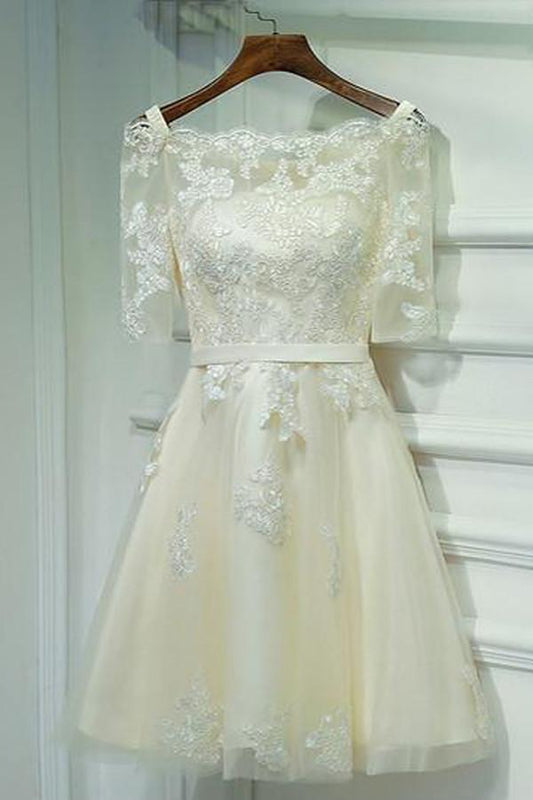 Ivory Half Sleeve Off Shoulder Lace Up Appliques Short Homecoming Dresses