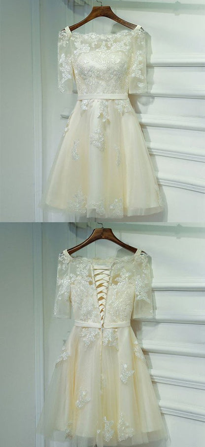 Ivory Half Sleeve Off Shoulder Lace Up Appliques Short Homecoming Dresses