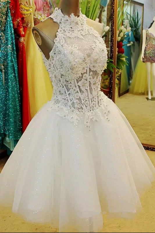 Vestidos de fiesta económicos con encaje, lentejuelas y tul blanco con cuello halter y apliques
