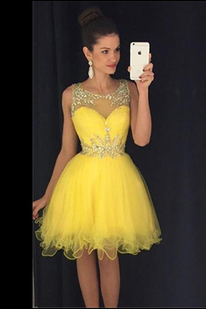 Vestidos de fiesta económicos de tul amarillo transparente con escote en forma de corazón y lentejuelas, MH380