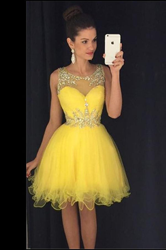 Vestidos de fiesta económicos de tul amarillo transparente con escote en forma de corazón y lentejuelas, MH380