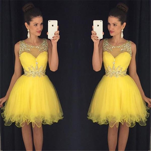 Vestiti economici per serata di ritorno a casa con strati di tulle giallo trasparente, scollo a cuore e paillettes, MH380