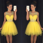 Vestiti economici per serata di ritorno a casa con strati di tulle giallo trasparente, scollo a cuore e paillettes, MH380