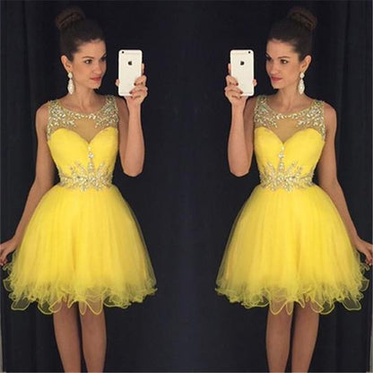Vestidos de fiesta económicos de tul amarillo transparente con escote en forma de corazón y lentejuelas, MH380