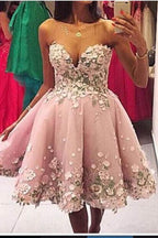 Rosa A-Linie Applikationen Sweetheart Trägerloses Homecoming-Kleid, Kurzes Ballkleid
