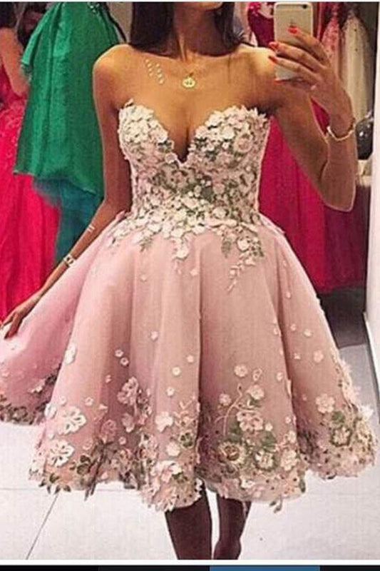 Rosa A-Linie Applikationen Sweetheart Trägerloses Homecoming-Kleid, Kurzes Ballkleid