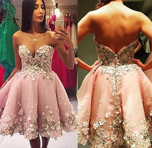 Rosa A-Linie Applikationen Sweetheart Trägerloses Homecoming-Kleid, Kurzes Ballkleid