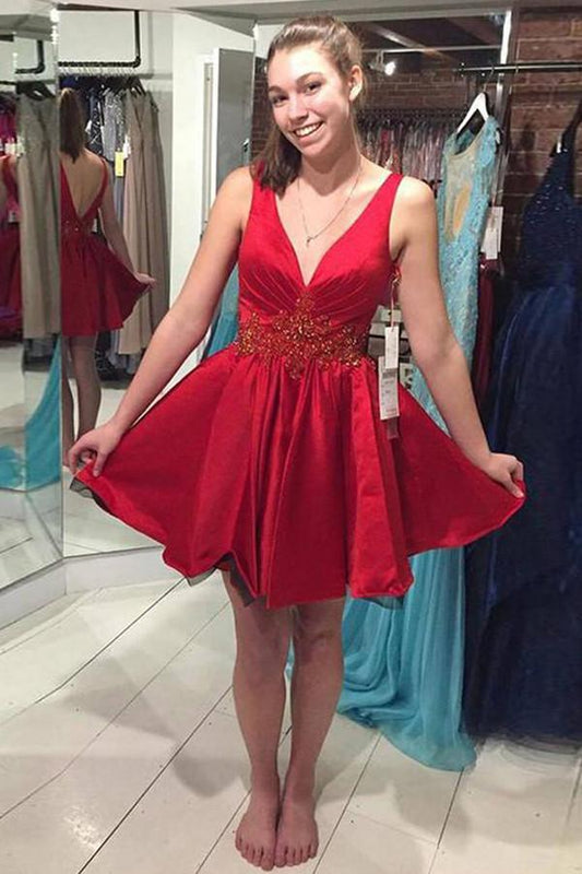Red Satin V Neck Beaded A-line Sheer Homecoming Dresses, Short Prom Dress