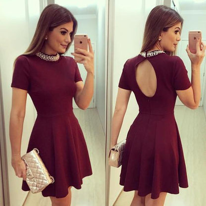 Burgundy High Neck Short Sleeve Keyhole Back Beaded Cheap Homecoming Dress