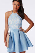 Robe d'invitation à prix abordable avec dos noué et appliques bleu clair, robe de fête