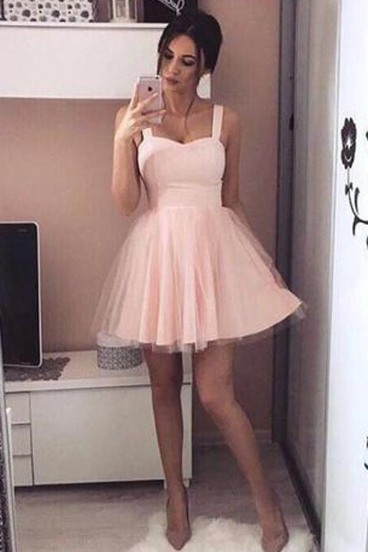 Pink Simple Tulle A Line Lace Up Sweetheart Homecoming Dress, Party Dresses