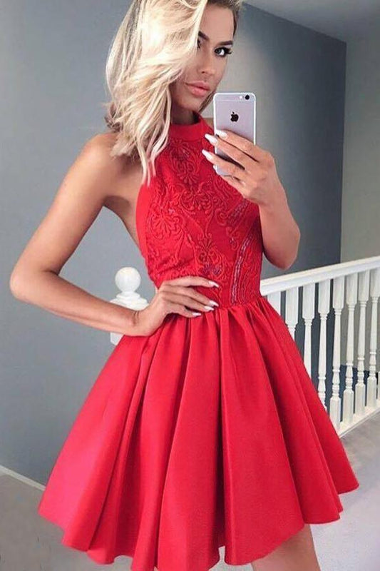 Red Halter Open Back Appliques Short Prom Dress, Homecoming Dresses