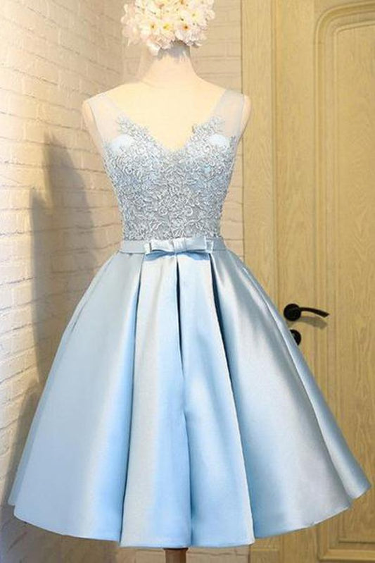 Light Blue Satin V Neck Homecoming Dresses, Party Dress with Appliques