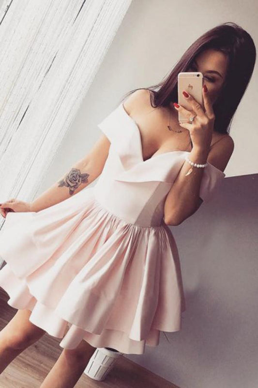 Light Pink Off Shoulder Deep V Neck Ball Gown Homecoming Dress,Party Dress