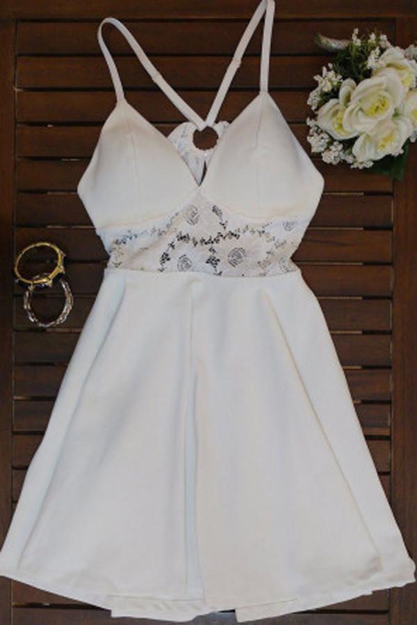 White Simple A-line V Neck Spaghetti Strap X Back Homecoming Dress
