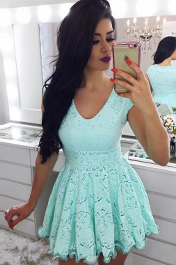 Vestido Curto de Festa Verde com Mangas Curtas, Vestido de Renda para Baile de Finalistas, Vestidos para Festas