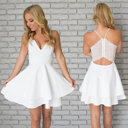 Weißes, schlichtes Satin-Heimkehrkleid mit V-Ausschnitt und Spaghettiträgern für Teenager 