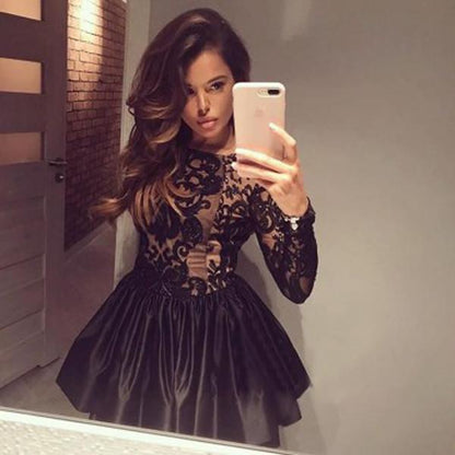 Schwarzes Langarm-Ballkleid mit V-Ausschnitt und Applikationen auf der Rückseite, kurzes Ballkleid 