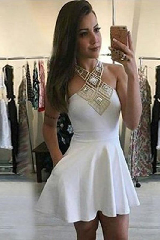 Vestidos de fiesta de bienvenida baratos online, únicos, blancos, sin tirantes, de satén, con lazo en la espalda. 