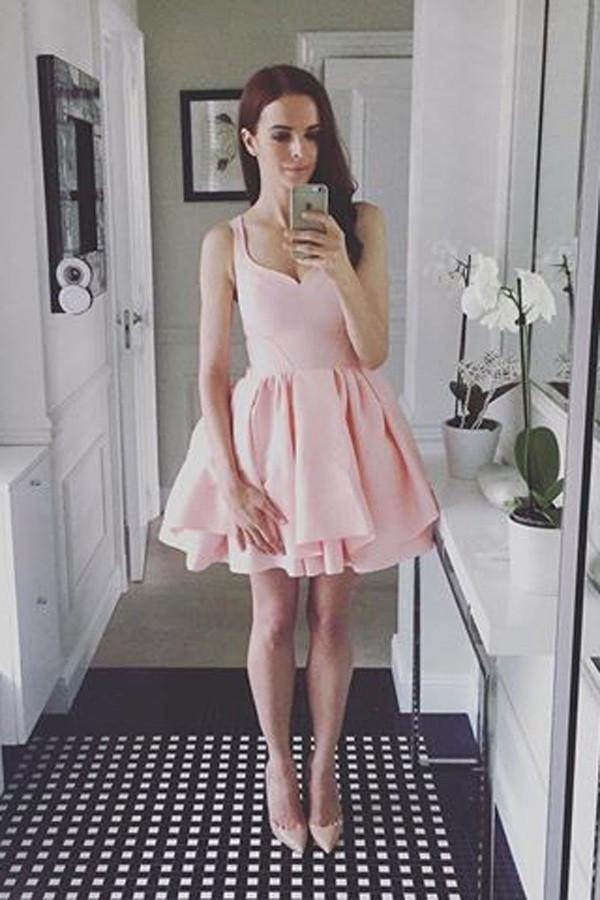 Simple Pink Sleeveless Ruffles A-line Sweetheart Homecoming Dresses