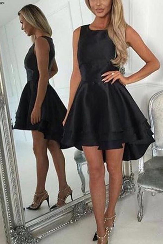Schwarzes High Low Kurzes Ballkleid, Ärmelloses günstiges Homecoming-Kleid, Partykleid 