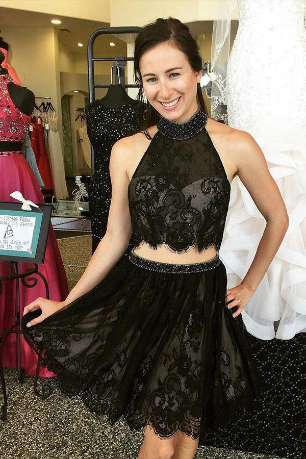 Two Piece Black Halter Lace Open Back Cheap Homecoming Dress With Appliques