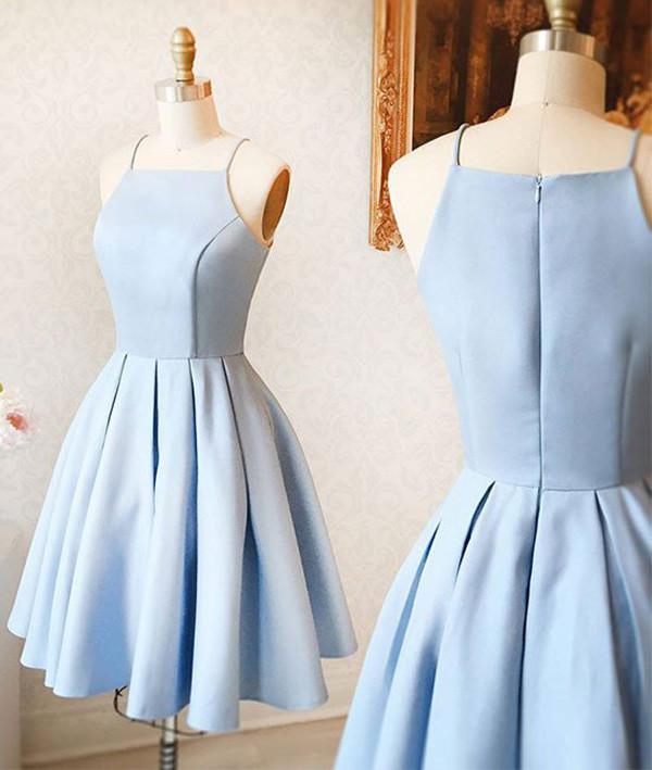 Blaues, schlichtes Mini-Heimkehrkleid aus Satin für Teenager, kurzes Ballkleid 