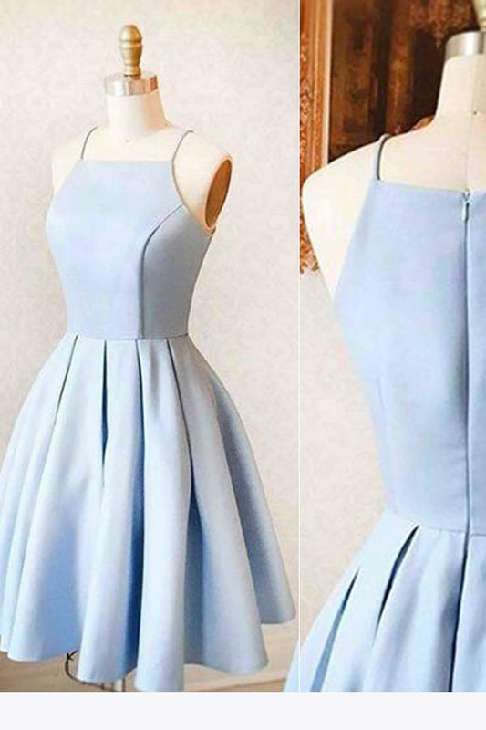 Blaues, schlichtes Mini-Heimkehrkleid aus Satin für Teenager, kurzes Ballkleid 