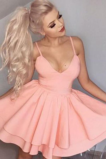 Pink Simple V neck Spaghetti Straps Homecoming Dresses, Short Prom Dresses