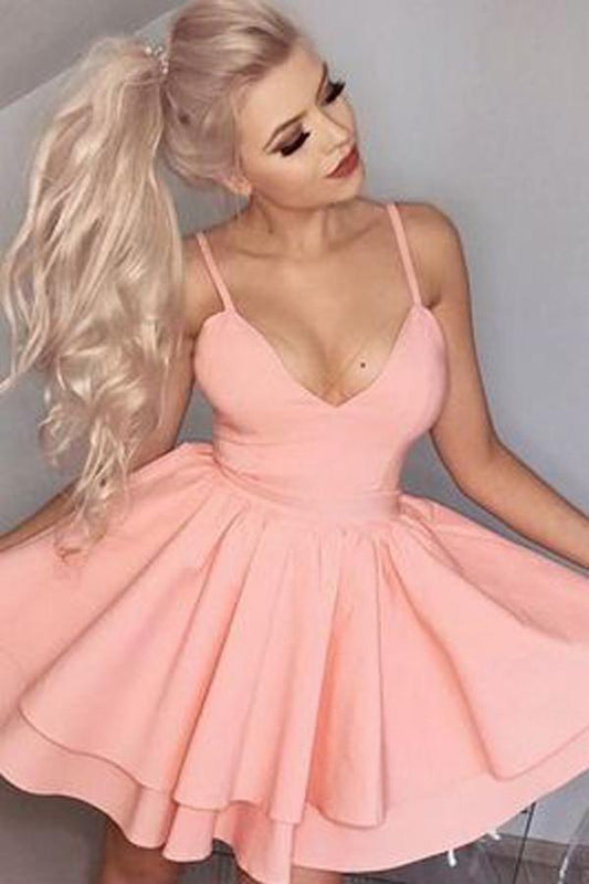 Pink Simple V neck Spaghetti Straps Homecoming Dresses, Short Prom Dresses