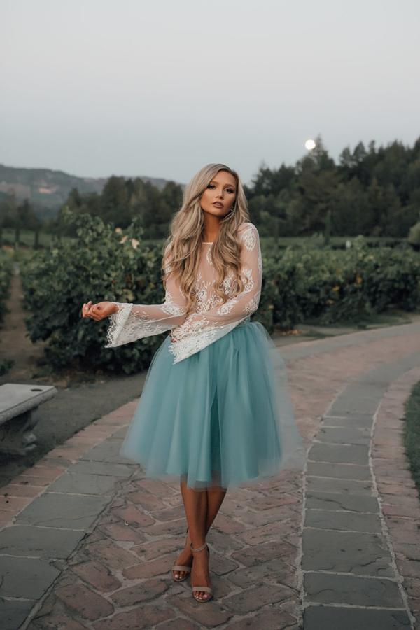 Two-Piece Tutu Skirt White Tulle Lace Long Sleeves Homecoming Dresses