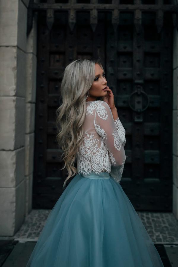 Two-Piece Tutu Skirt White Tulle Lace Long Sleeves Homecoming Dresses