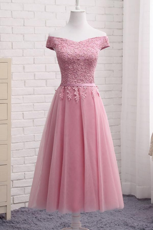 Pink Off Shoulder A Line Lace Short Prom Dresses, Cheap Evening Dresses