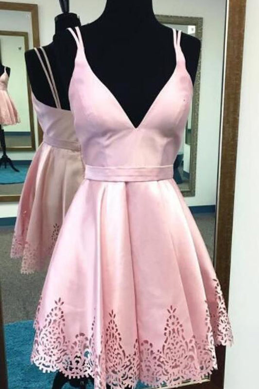 Red A-Line Deep V-Neck Satin Homecoming Dress, Short Prom Dresses, MH302