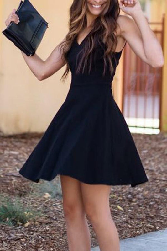 Schwarzes schlichtes A-Linien-Heimkehrkleid, Sweet 16 Kleid, kurze Ballkleider