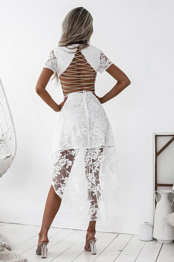 White High Low Open Back Short Sleeve Homecoming Dress For Girls