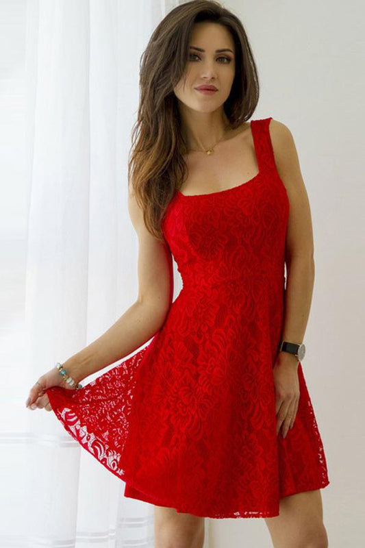 Rotes Homecoming-Kleid mit quadratischem Ausschnitt, V-Ausschnitt am Rücken und Schnürung mit Applikationen, MH306