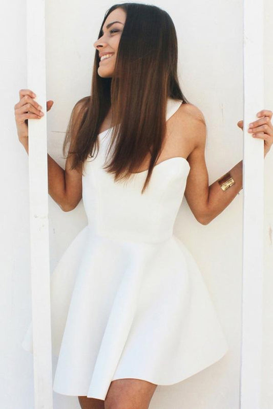 Weiße ärmellose One-Shoulder-Schlichte Satin Homecoming Kleider