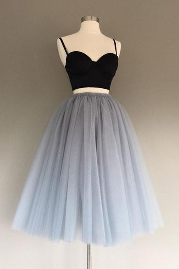 Charming Gray Tulle A-Line Two Piece Homecoming Dress, Graduation Dress